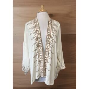 Chico’s Cardigan Jacket White & Embroidered Gold Bronze Sz S/M Beach Resort Wear